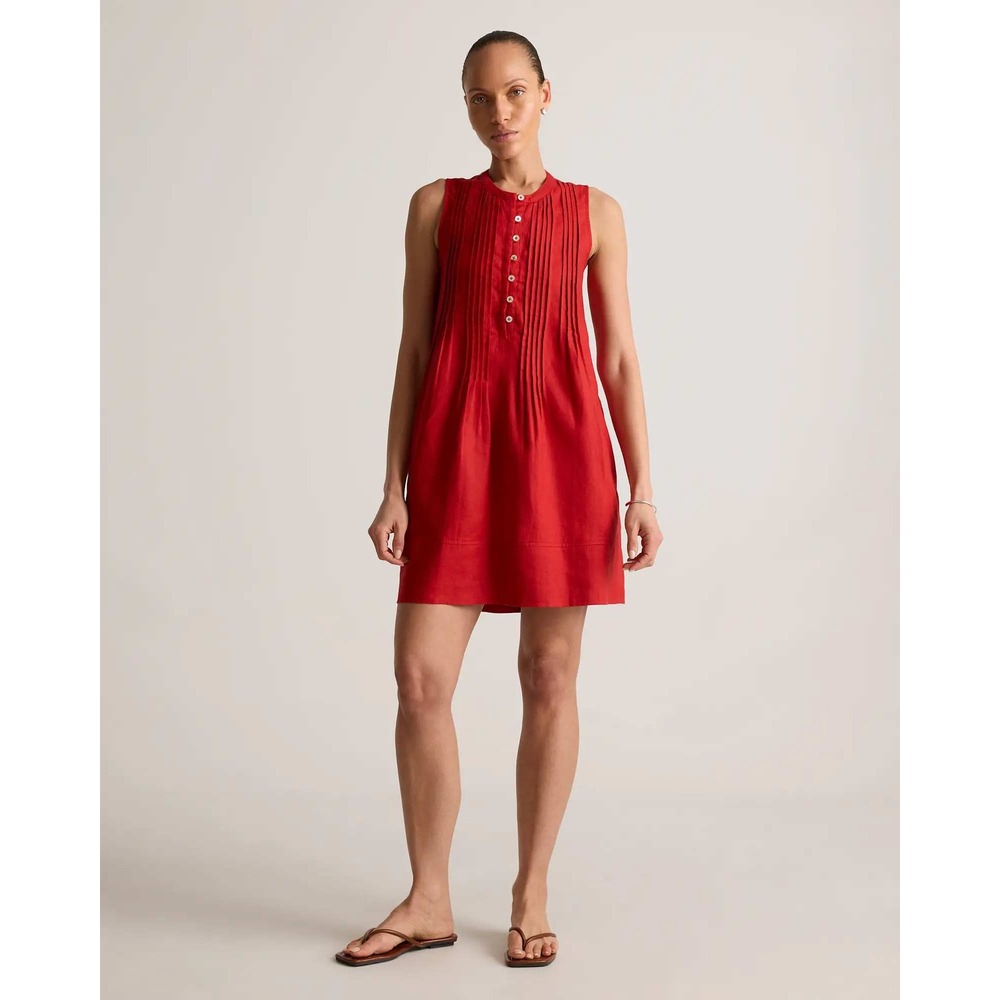 Quince European Linen Sleeveless Swing Dress Red Pintuck Pleated Mini Dress XS